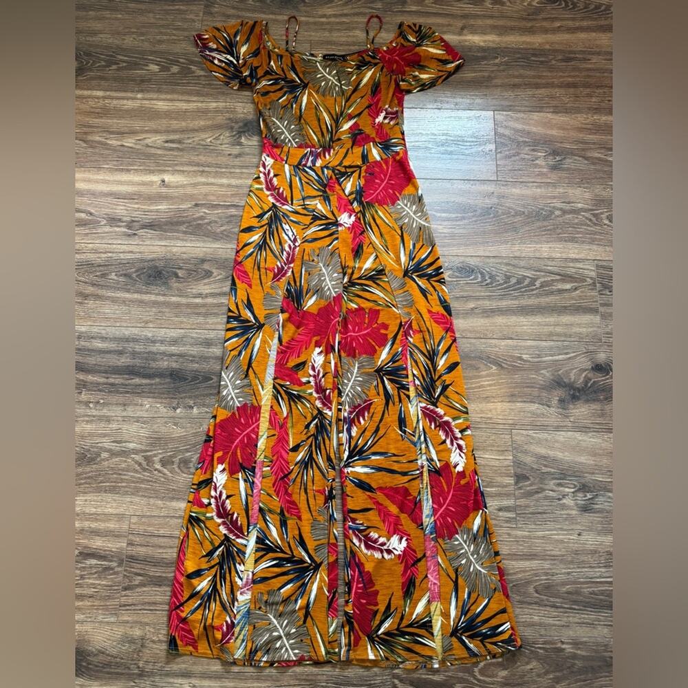 Starlette Multicolored Tropical Leaf Print Short Sleeve Flare Leg Jumpsuit